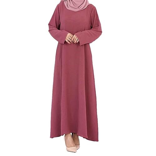 VMAKBUWIS Fashion Muslim Long Dress Dubai Abaya for Women Length Sleeve Soft Shiny Abaya Dubai Turkey Muslim Islam Robe Rose red S