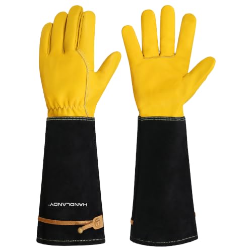 Image of HANDLANDY Rose Pruning Gloves for Men Women, Thorn Proof Gardening Gloves | Long Leather Gardening Gloves, Breathable Leather Gauntlet, Best Garden Gifts & Tools for Gardener (Mustard Yellow, M)
