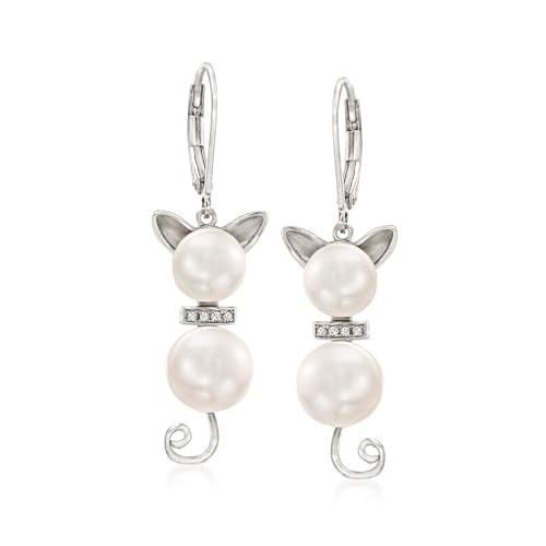 Ross-Simons 7.5-9mm Cultured Pearl and Diamond-Accented Cat Drop Earrings in Sterling Silver