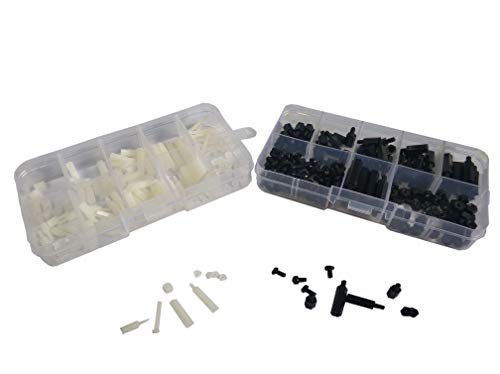 NALAKUVARA 300pcs M2 M3 Nylon Hex Nuts Spacers Screws Stand-Off Plastic Accessories Assortment Kit (Black+White) Come with Plastic Box