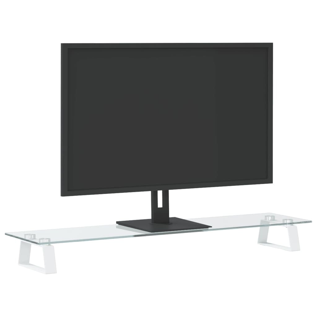 Soporte para monitor blanco, 80 x 20 x 8 cm, cristal templado y metal, bandeja para teclado para ordenador portátil, soporte de escritorio ergonómico para oficina, oficina en casa, estación