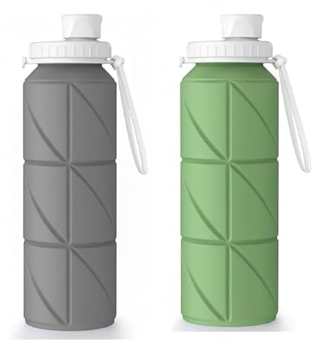 Image of 600ml Folding Silicone Water Bottle for Sports, Outdoor, Travel, Gym, Hiking, Camping with Leak-Proof Lid Space-Saving Portable (Grey & Green)