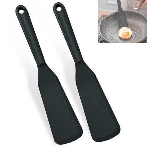 2 Piezas Espátula de Silicona Negro, 25.4cm Mini Espatula Silicona Cocina, Espátula Antiadherente Resistente al Calor, Sin BPA, Herramientas para Cocina, para Freír Huevos, Tortitas, Remover, Hornear