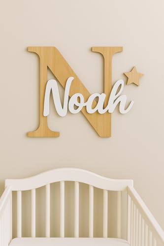 Placa de madera personalizada con nombre – Decoración de pared para habitación infantil y habitación de bebé – Letras hechas a mano de madera – Regalo de nacimiento, bautizo o cumpleaños (madera