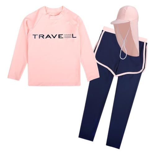 3 Pcs Youth Girls Long Sleeve Rash Guard Swimsuit UPF 50 Pants Sunsuit with Sun Protection Hat Bathing Suits