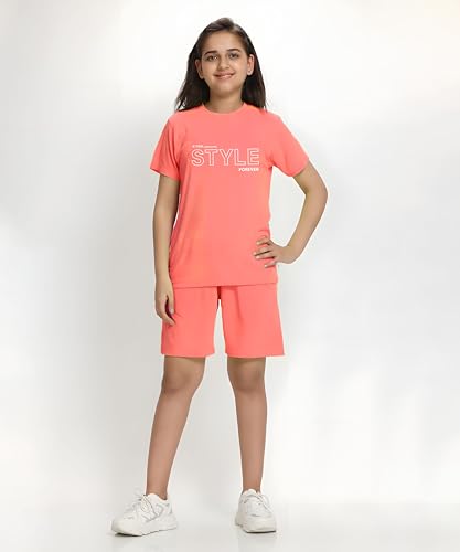 Image of KYDA KIDS Girls 100% Cotton Bio Washed Printed T-Shirt and Shorts Co-ords Clothing Set | Premium Soft & Breathable Summer Casual Comfort Outfit for Girls