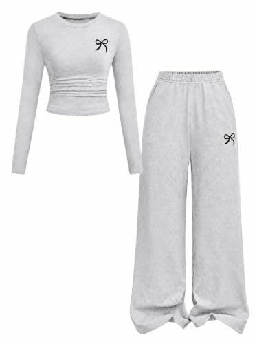 Image of Tween Girls Clothes Long Sleeve Bow Knot Print Top + Wide Leg Pants 2 Piece Outfit Set, Size 7-16 Years