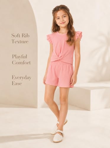 Image of Girls 2 Piece Outfits Summer Ruffle Sleeve Top and High Waisted Striped Shorts Set for Girls 7-14