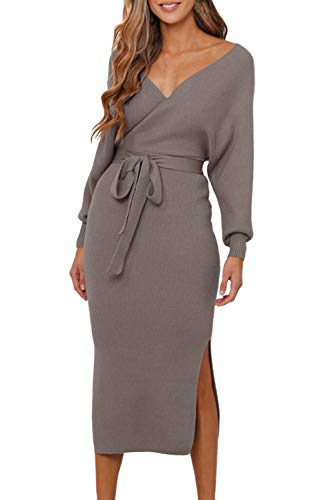 Vamjump Women's V Neck Long Sleeve Sweater Wrap Front Tie Waist Knitted Bodycon Dress,Khaki,S #TOP2