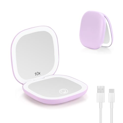 Collazoey LED Espejo de Maquillaje, 1X/10X Aumentos, USB Recargable Aumento, 3 Luces Ajustable Pequeño, Interruptor Magnético Plegable Espejo Bolso, Portátil Viaje (Morado)