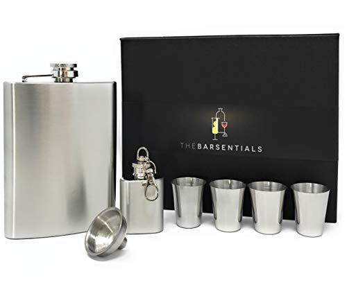 8oz Hip Flask for Liquor Gift Set with Extra 1 oz Flask Stainless Steel 4 Shot Glasses and Funnel for Men and Women from TheBarsentials (Silver)
