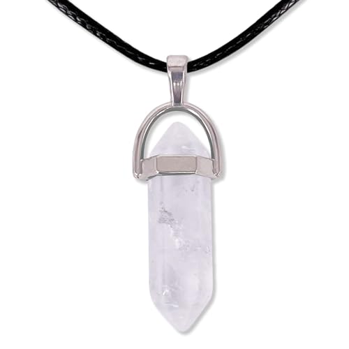cotigo, Colgante de Piedra Natural de Forma de Punta - Incluye una Cadena de Hilo Encerado Negro 45cm - Distintas Piedras Semipreciosas Cuarzo Blanco