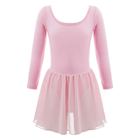dPois Kids Girls Basic Leotard Dress Long Sleeve Chiffon Lycrial Dance Dresses Tutu Skirt Ballerina Costume Pink 3-4 Years Cover