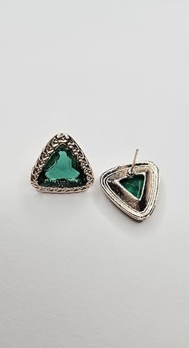 Image of Rose Gold Plated Triangle Stud Earrings for Women with Emerald Green Stone inch