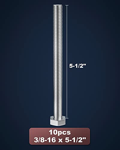 Image of 3 /8-16 x 5-1 /2 inch (5 /8 to 7 inch Optional) Hex Head Screw Bolt, Stainless Steel 18-8(304), Fully Threaded,10pcs