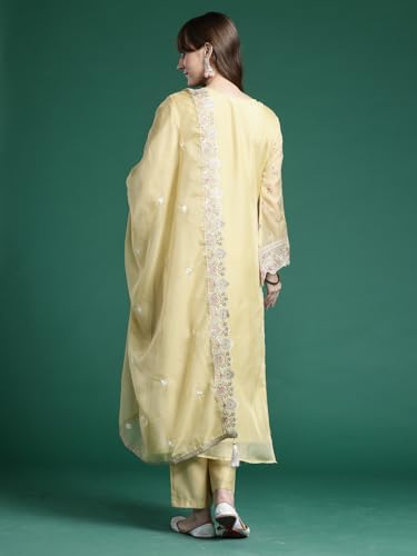 Image of INDO ERA Women Organza Straight Ethnic Motifs Embroidered Kurta And Pant With Dupatta Set (KH9YL10613)