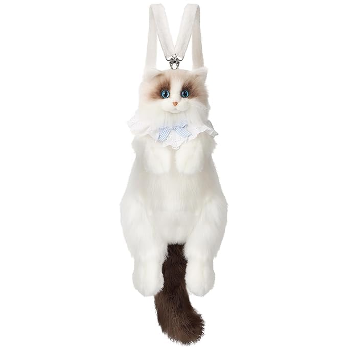 Cat Backpack for Girls, Women Travel Shoulder Bag 3D Ragdoll Cat Shape Bag with Soft Plush Fashion Shoulder Handbag Fluffy Fur, Blue Eyes & Long Tail Cute Kids School Bag Women Travel-image-39