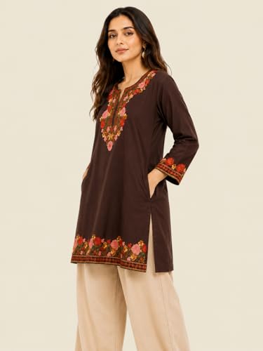 Image of HAUTEMODA Women Cotton Floral Embroidered Short Kurti, Tunic, Three-Fourth Sleeves, White