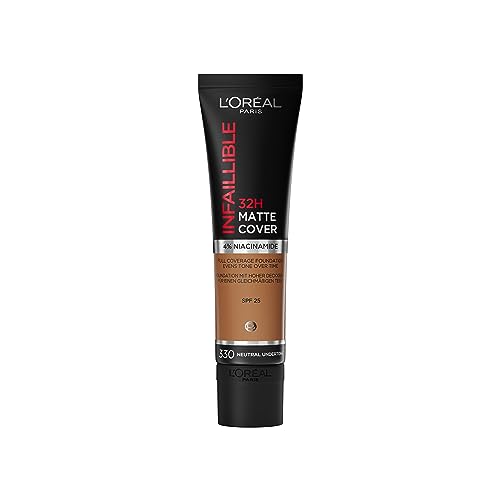 L'Oréal Paris - Base de maquillaje mate de alta cobertura, Resistente al agua - De larga duración - Ligera y matificante - SPF 25 - Infaillible 32H Matte Cover - Tono: 330 Neutro - 30 ml