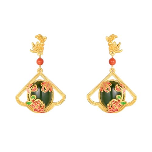 Boucles d'oreilles de Drop Hetian Jade S longues pour femme avec émail