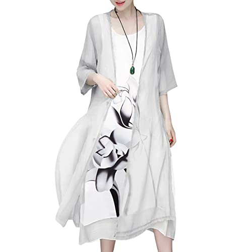 Honwenle Women's Two Piece Retro Round Neck Asymmetric Hem Color Block Printed Long Cotton Linen Maxi Dress, Large, Grey #TOP28