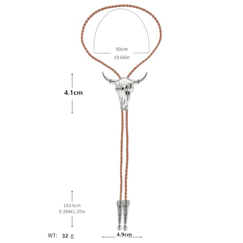 Image of GelConnie Bola Tie for Men White Longhorn Skull Western Cowboy Tie Cord | White Western Skull Bolo Tie with Cactus Motif, Adjustable Faux Leather Cord for Bola Tie for Men and Country Wedding Attire