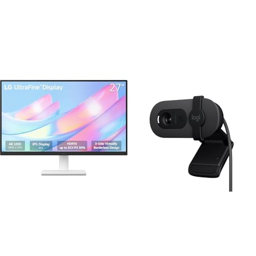 Image of LG 27US500-W, 27 Inch Ultrafine Monitor, IPS, 4K UHD (3840x2160), 60Hz,HDR10 up to 90% DCI-P3 Color gamut, Borderless Design, Reader Mode, Flicker Safe + Logitech Brio 100 Full HD 1080P Webcam