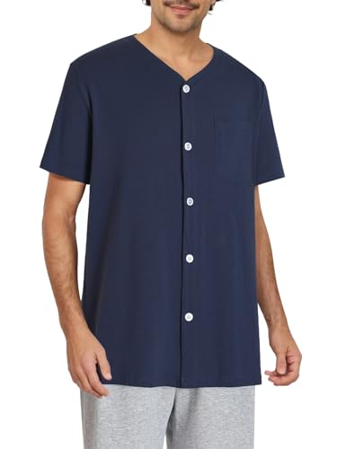 Esenchel Men's Button Up Pajama Shirt Cotton Sleep Top 2 Pack3