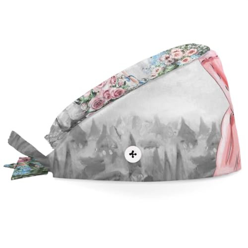 Mularoka Watercolor Flower Dancing Working Caps with Button Sweatband Comfortable Adjustable Bouffant Hats Work Hat for Women Men