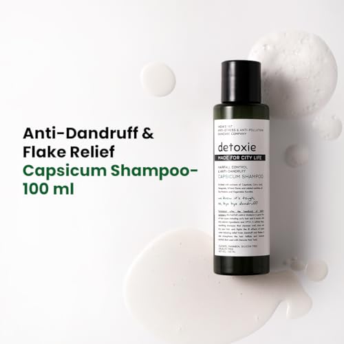 Detoxie Anti-Dandruff Capsicum Shampoo | Natural & Daily Use | Mild Shampoo For All Age Groups & All Hair Types | Capsicum, Methi, Curry Leaf, Veg Keratin & Soy Proteins | 100 ml
