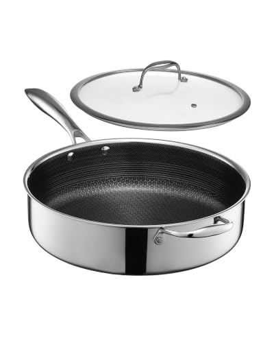 HexClad 5.5 Quart Hybrid Nonstick Deep Sauté Frying Pan with Lid, Dishwasher and Oven-Safe, Induction Ready, Compatible with All Cooktops