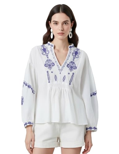 TUREAU Womens Embroidered Shirt Long Sleeve Boho Blouse Lantern