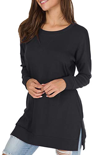 Womens Fall Long Sleeve Plus Pullover Side Split Loose Casual Tunic Tops Black L #TOP1