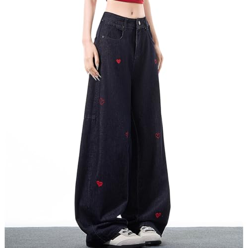 Women's Cute Casual High Waisted Wide Leg Jeans Y2K Vintage Kawaii Heart Embroidered Baggy Denim Pants4