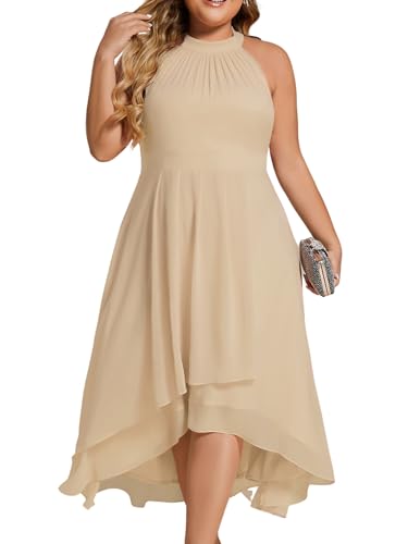 Image of Ever-Pretty Plus Women's Sleeveless Halter A Line Pleated High Low Plus Size Wedding Guest Cocktail Dresses 31926-DA