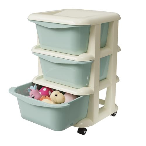 Image of TEX-RO Modular Drawer Storage Organizer | Plastic Chest of Drawers for Wardrobe, Kitchen & Home | Multi-Layer Storage Box & Drawers Organisers with Wheels for Clothes, Kids (Sea-Green, 3 Layer)