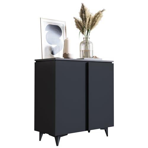 Newroom Kommode Schwarz Schiefer Sideboard Modern Elegant - 88x92x40 cm (BxHxT) - Highboard Anrichte - [Lumaro.one] Wohnzimmer Schlafzimmer Flur Esszimmer