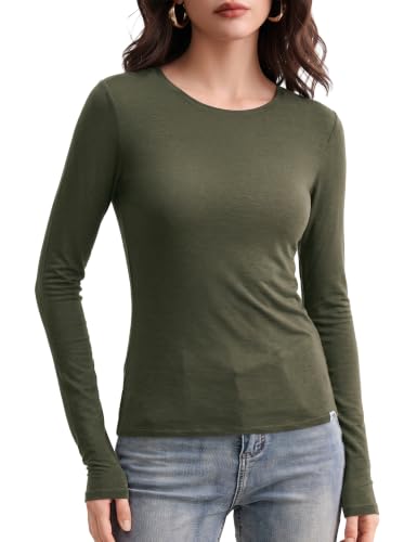 Image of Women's Merino Wool Blend Shirts Long Sleeve Tops Crew Neck Fitted Basic Tee Cozy Embrace Collection