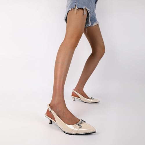 Eldof Womens Kitten Heels Pointed Toe Slingback Beaded Low Heel Pumps Shoes Women 1.5 Inches Patent Beige US Size 73