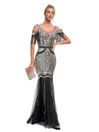 Image of Women Evening Maxi Long Dress 1920s Sequin Mermaid Hem Wedding Prom Gown Costume w / 20s Gatsby Accessories Set