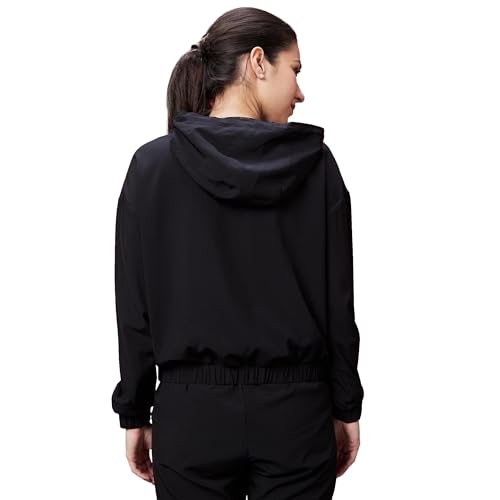 Image of Globus Women Black Typography Print Long Sleeves Hooded Bomber Jacket-3640090001