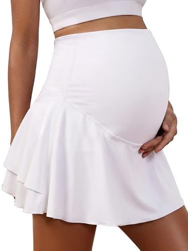 Ecavus Women'S Maternity Tennis Skirt High Waisted Athletic Golf Skorts With Pockets Casual Workout Pregnancy Skirt Built-In Shorts White
