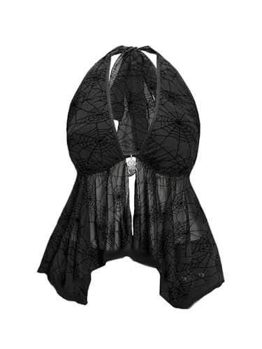 Verdusa Women's Plus Size Goth Spiderweb Mesh Sheer Halter Top Rave Club Slit Backless Peplum Tops