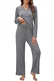 OUGES 100% Cotton Pajamas for Womens 2 Piece Sets Maternity Nursing Christmas Winter Labor Delivery Postpartum Long Sleeve Breastfeeding Lounge Sleepwear Nightgown Clothes with Pockets(Grey,L)