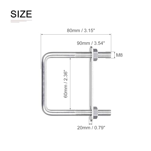 Image of DTGN M8x60x80mm(ThreadxWxL) Square U Bolt - 2Pack - Good for Trailer Pipe Replacement Parts - 304 Stainless Steel U Shape Bolts