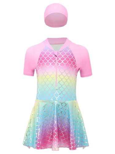 Girls Mermaid Swimsuits Shiny Fishscales Printed One Piece Rash Guard with Swim Cap