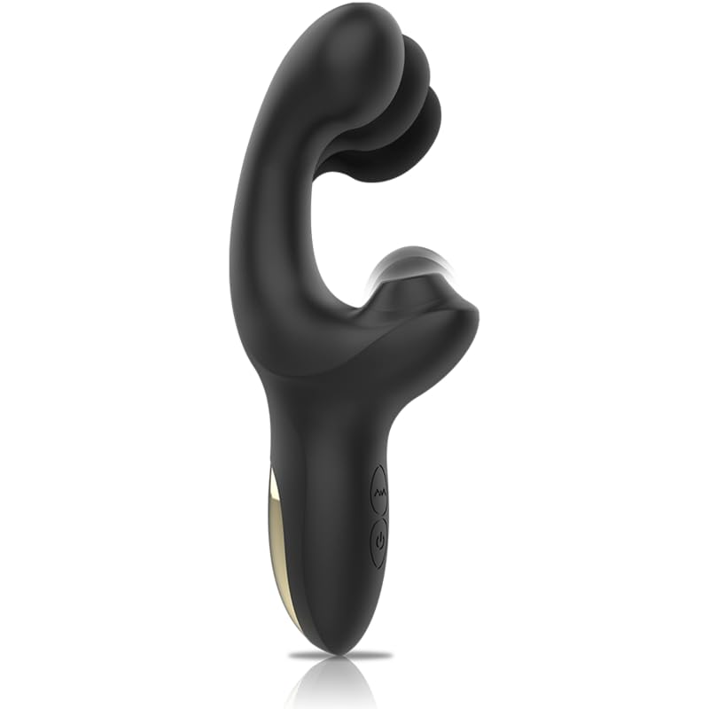 Vibrador Succiónador Wave - Juguete para Parejas - Textura Suave y Delicada - Negro y Dorado - Ola de Placer, Doble Estimulación