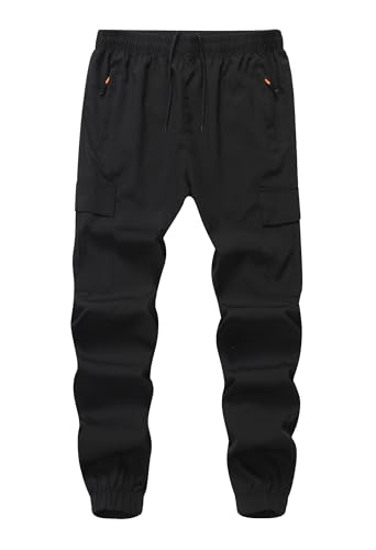 WaltZon Boy's Cargo Joggers Pants Youth Quick Dry Hiking Pull-On Lightweight Pants for Sports Outdoor with Zipper Pockets(3801-Dark.Black16)