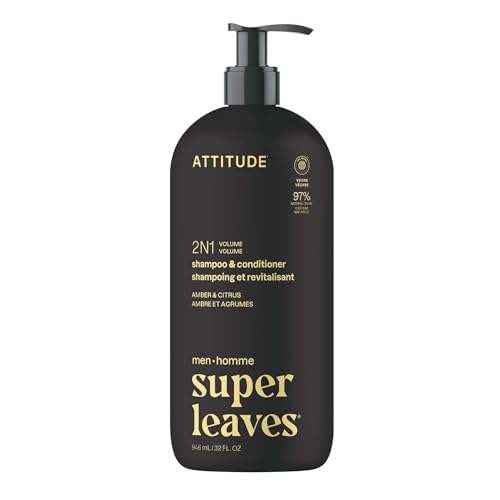Image of ATTITUDE Men's Shampoo and Conditioner 2-in-1, Volumizing for Thin Hair, With Rosemary and Rice Protein, 97% Natural Origin Ingredients, EWG Verified, Amber & Citrus, 32 Fl Oz