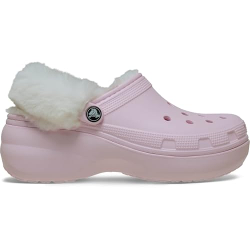 Crocs Women's Classic Platform Fuzz-Lined Clogs, Fuzzy Slippers, Pink Milk, 11